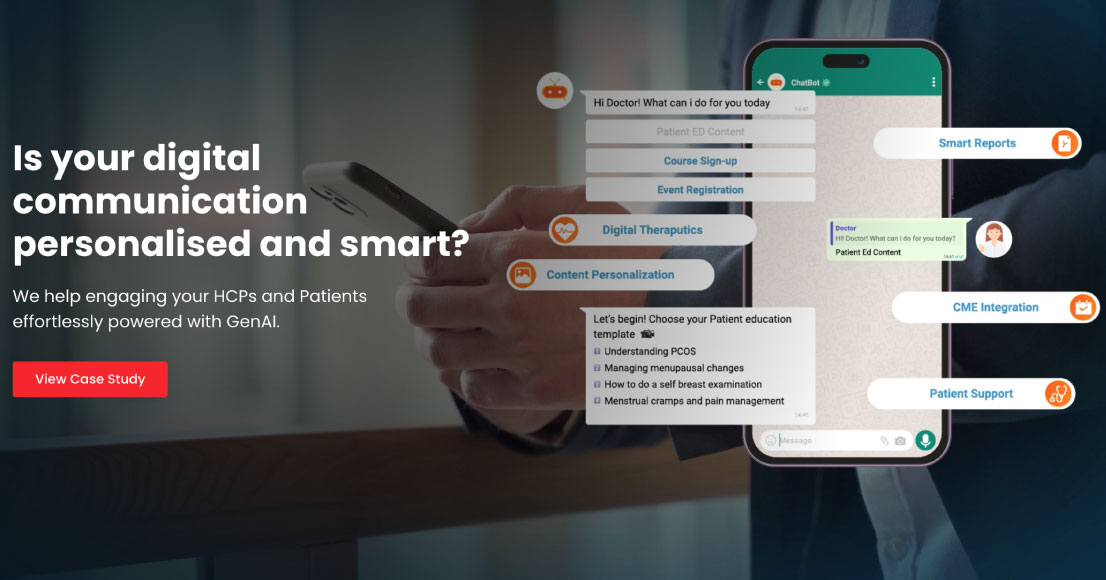 engage your HCPs and Patients using our personalised and smart AI powered chatbot solutions for pharma and healthcare businesses